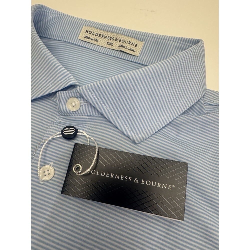 NWT Holderness & Bourne The Perkins Skye Blue Striped Golf‎ Polo Shirt XXL $118